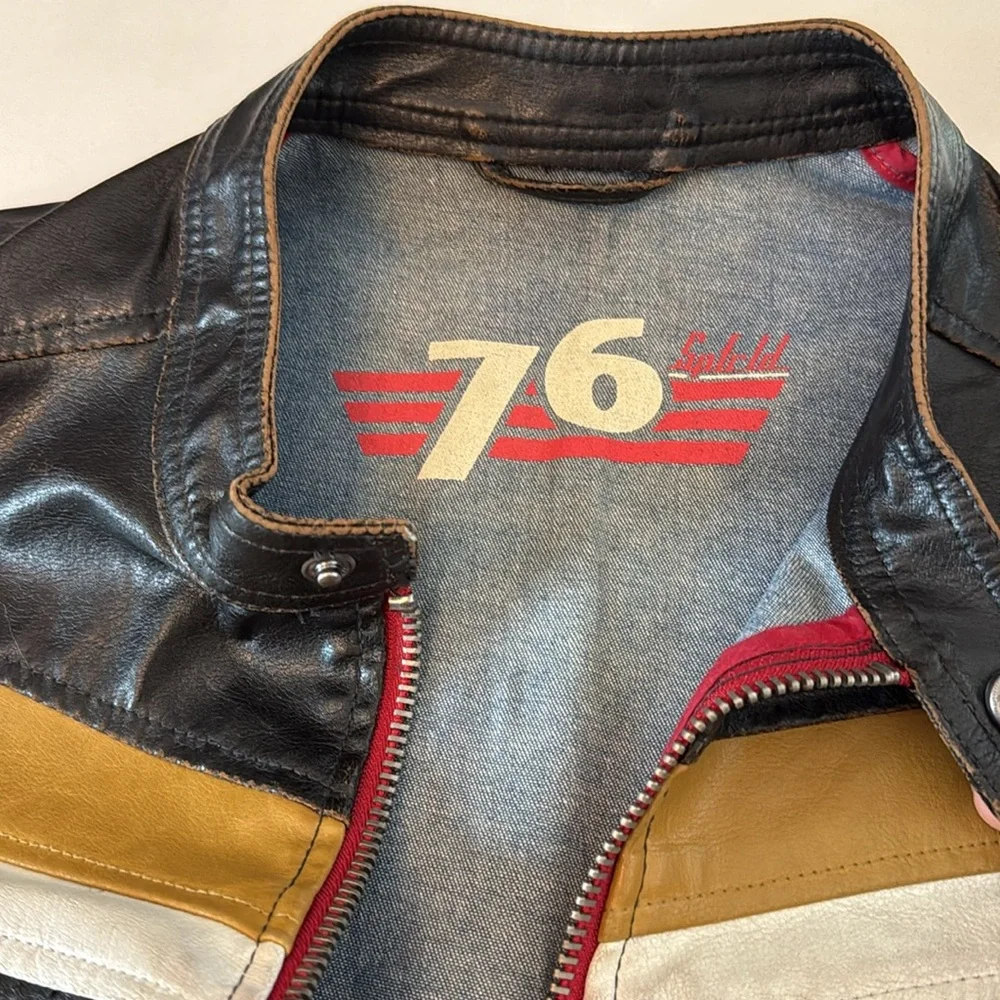 Vintage Springfield 76 Men's Black Leather Racer Jacket w/ Stripe Accents - Picture 7 of 15